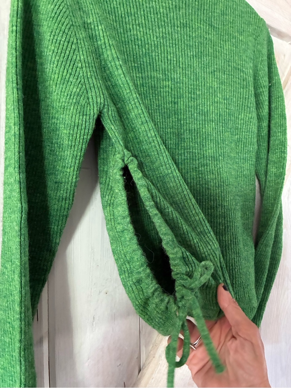 Zara Kelly Green Ribbed Crewneck Sweater with Side Tie Detail - Picture 2 of 4